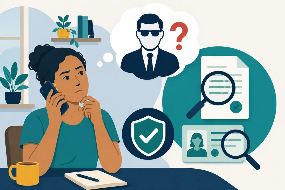Ilustração de uma pessoa ao telefone com um falso advogado, ao lado de um contrato e de uma carteira da OAB.